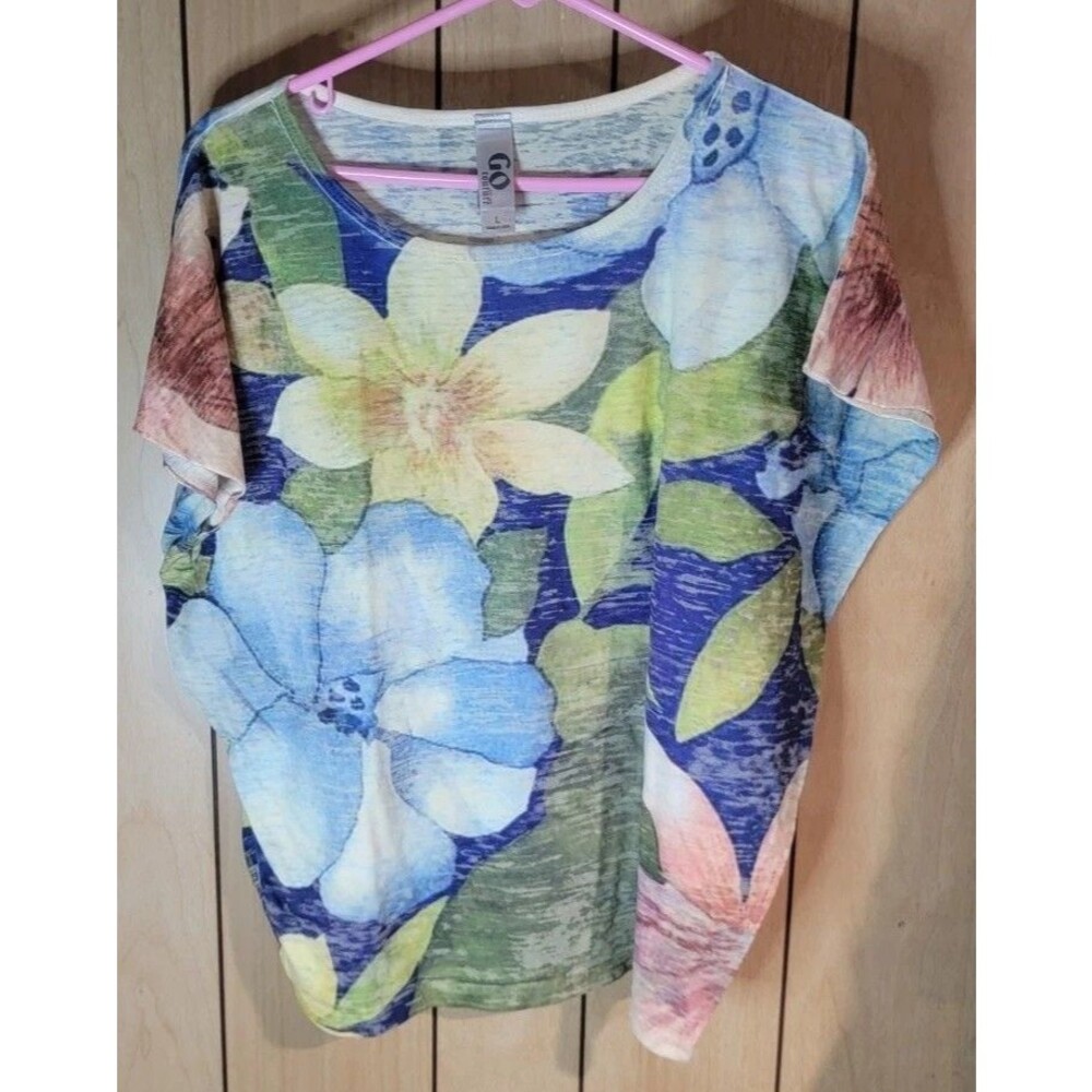 Go Couture Womens Large Floral Shirt Bloomcore Artsy Boho Eclectic Blue Yellow